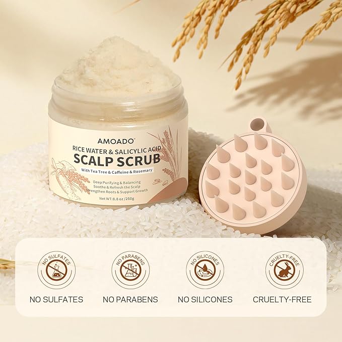 AMOADO Rice Water Scalp Scrub with Salicylic Acid(BHA), Tea Tree & Rosemary – Gentle Exfoliating Scalp Scrub Shampoo for Dandruff, Removes Buildup, Controls Oil & Refreshes the Scalp, 8.8 oz