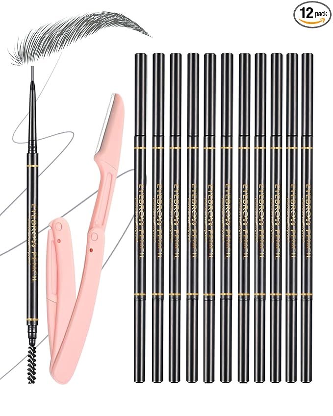 Gray Eyebrow Pencils for Women, 12Pcs Ultra Slim Eyebrow Pencil with 2 Brow Razors Kit, Double Head 1.5mm Micro-Fine Tip & Spiral Brush, Can Draw Fine and Long-Lasting Brows Makeup