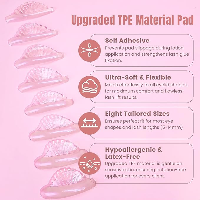 Libeauty Lash Lift Shields Shell Shape, Lash Lift Rods 16 Pcs/8 Sizes, Lash Lift Pads for Eyelash Curling and Lifting, Reusable Silicone Pads for Eyelash Perm Pink