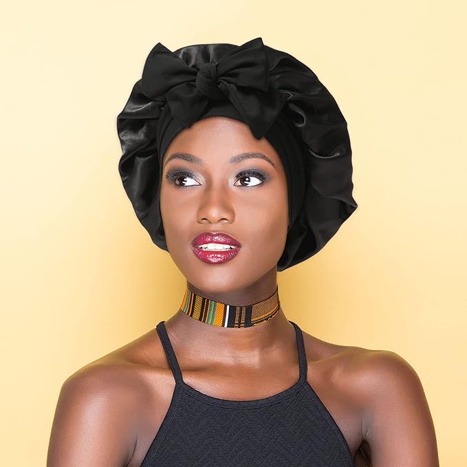 Satin Bonnet for Women Tid Band Hair Bonnet for Sleeping Large 2 Layered Silk Sleeping Cap Nightcap for Sleeping with 3PCS Hair Scrunchies (Black(Bonus3 hair scrunchies))