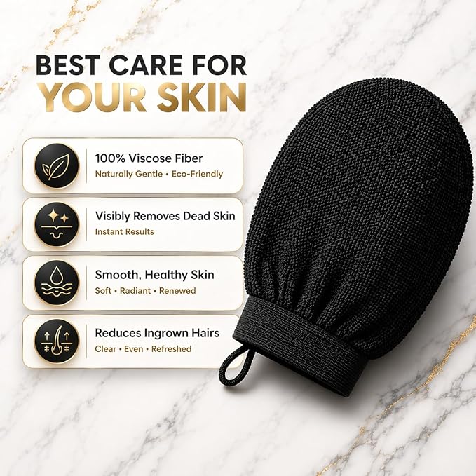 Exfoliating Glove for Dead Skin Removal Deep Scrub Mitt for Smooth Skin, Ingrown Hairs & Keratosis Pilaris Moroccan Bath Exfoliator 100% Biodegradable Viscose Material (Black)