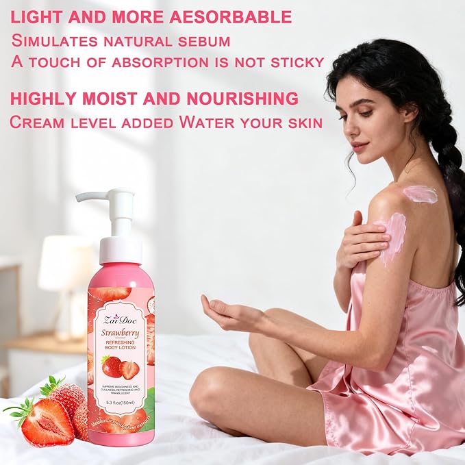 Body Lotion, 24hr Moisturizing & Deep Hydration, Absorbs Instantly Moisturizer for All Skin Types, 5.3 fl oz (1 Pack, Strawberry)