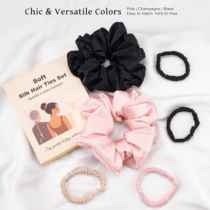 6PCS 100% Mulberry Silk Scrunchies Set, 2 Large and 4 Thin Silk Hair Ties for Women, No Damage Hair Accessories, Black Pink Champagne