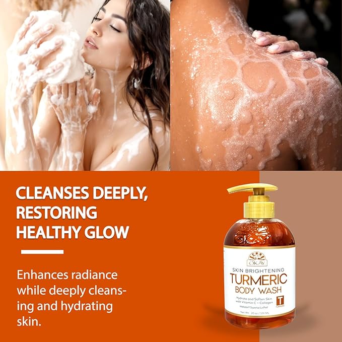 OKAY Turmeric Skin Brightening Body Wash 20 oz – Vitamin C & Collagen Glow Cleanser for Dark Spots & Even Skin Tone