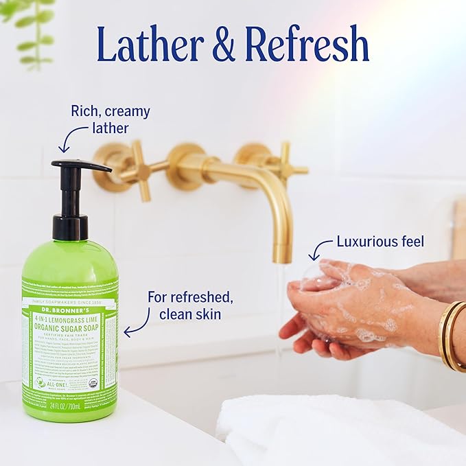 Dr. Bronner's Organic Sugar Soap (Lemongrass, 12 Ounce) - Made with Regenerative Certified Organic Oils, Sugar & Shikakai Powder, 4-in-1 Use: Hands, Body, Face and Hair- Liquid Soap, Nourishes