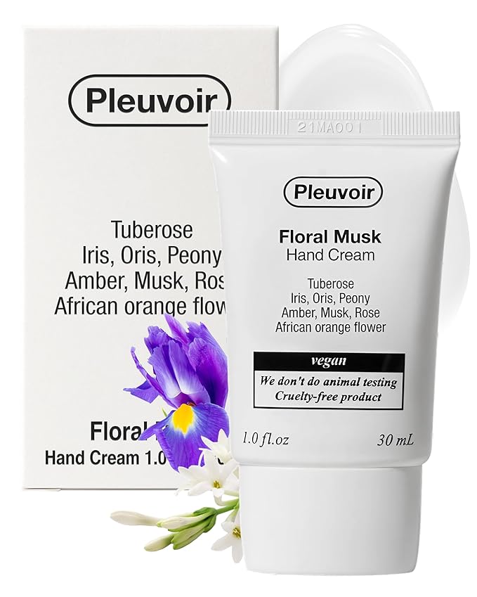 Pleuvoir Floral Musk Perfume Hand Cream - Non-Sticky, Fast-Absorbing, French MANE (Tuberose, Iris & Musk), Moisturizing with Shea Butter, 5-Hyaluronic Acid and Jojoba Oil, Vegan K-Beauty 1oz