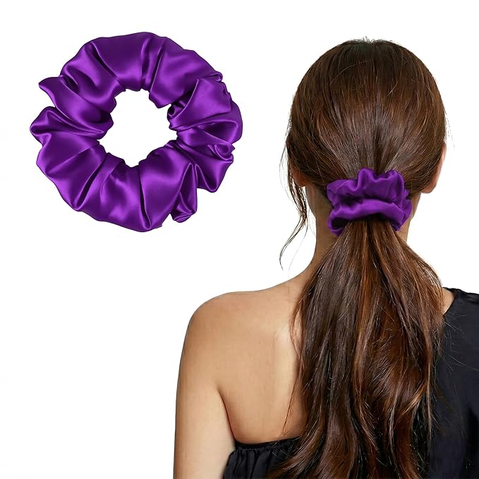 ZLYC 100% Mulberry Silk Scrunchie 19 Momme Gentle Creaseless Hair Tie for Women Dent-Free Ponytail Holder, 3.5cm Solid Purple