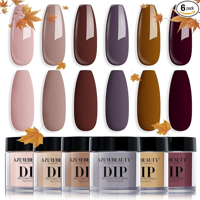 AZUREBEAUTY Dip Powder Nail Set, Fall Nude Dark Brown Purple Gary Natural 6 Colors Dipping Powder Starter Kit, French Nail Art Manicure DIY Salon, No Need Nail Lamp Cured