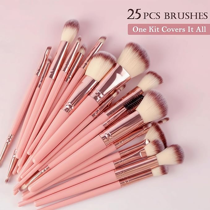 32Pcs Makeup Brushes Set Professional Makeup Kit – Foundation Powder Concealers Blush Eye shadows 25 Pcs Brushes with 4 Makeup Sponge & 3 Powder Puff (Pink)
