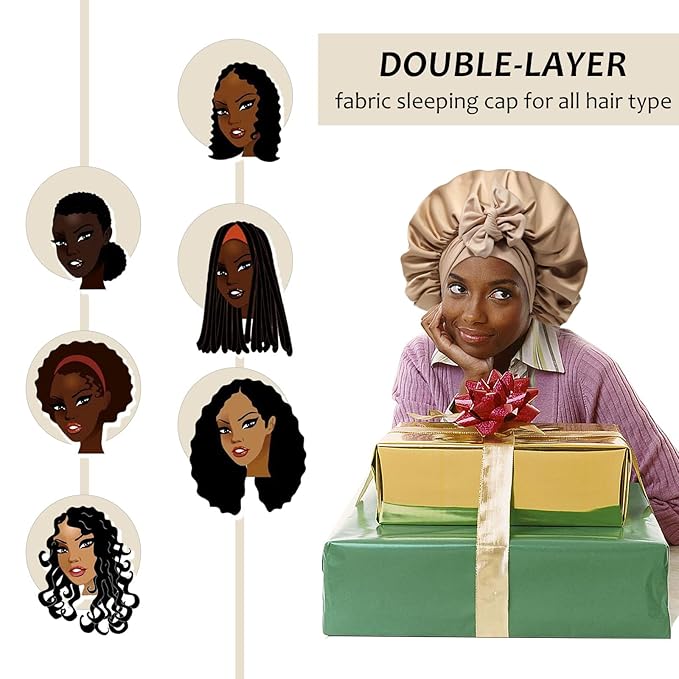 Satin Bonnet with 3PCS Hair Scrunchies for Women Tie Band Hair Bonnet Large 2 Layered Silk Sleeping Cap Nightcap for Sleeping (Coffee(Bonus 3 Hair Scrunchies))
