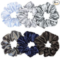 6 Pcs Satin Silk Scrunchies - Soft Hair Ties, Fashion Hair Bands, Bows, Elastic Bracelets, and Ponytail Holders for Women and Girls (4.5 Inch, Blue and Gray)