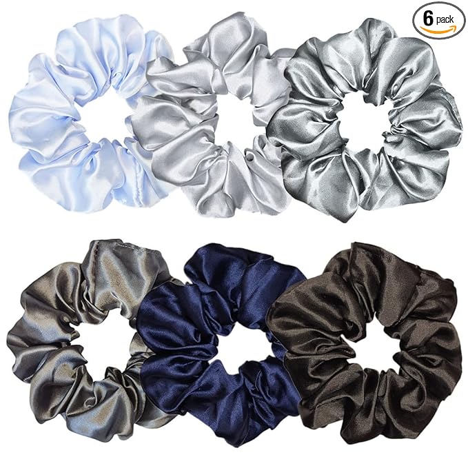 6 Pcs Satin Silk Scrunchies - Soft Hair Ties, Fashion Hair Bands, Bows, Elastic Bracelets, and Ponytail Holders for Women and Girls (4.5 Inch, Blue and Gray)