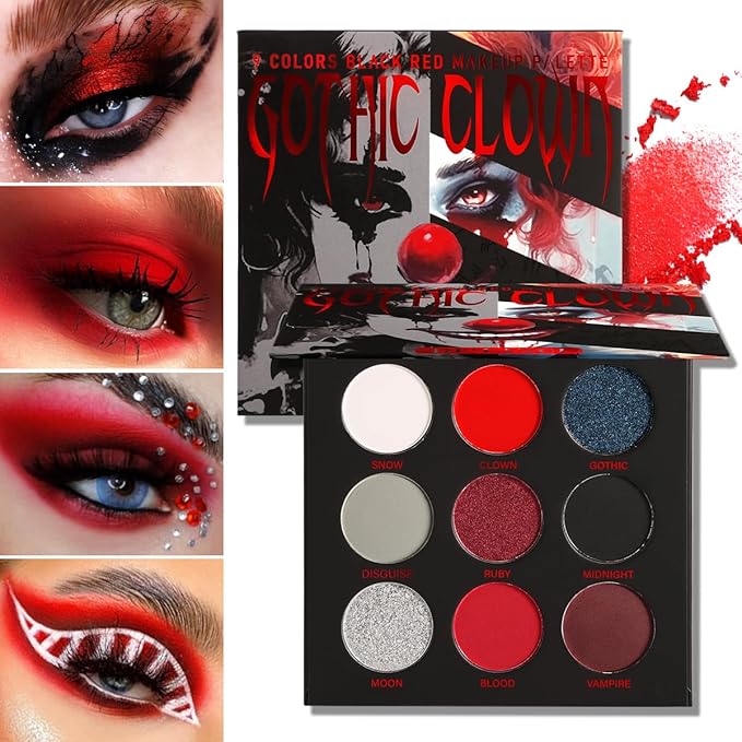 Afflano Black Red Eyeshadow Palette Goth Clown Halloween Makeup, White Silver Glitter Metallic Burgundy Black Eyeshadow Palette Highly Pigmented, Joker Vampire Christmas True Red Smoky Eye Makeup