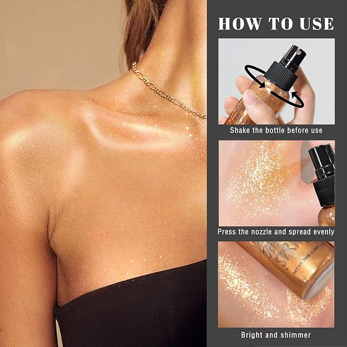 HOSAILY Body Glitter Spray - Bronze Body Shimmer for Face, Hair & Body, Moisturizing Luminizer Glow Illuminator, Quick-Drying Sparkling Glitter Spray Liquid Highlighter Makeup (#04)