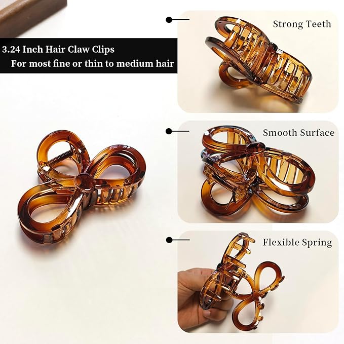 3.3 Inch Hair Claw Clips, Unbreakable Glossy Bow Claw Clip for Women's Thin & Medium Thick Fine Hair, 5 Pack