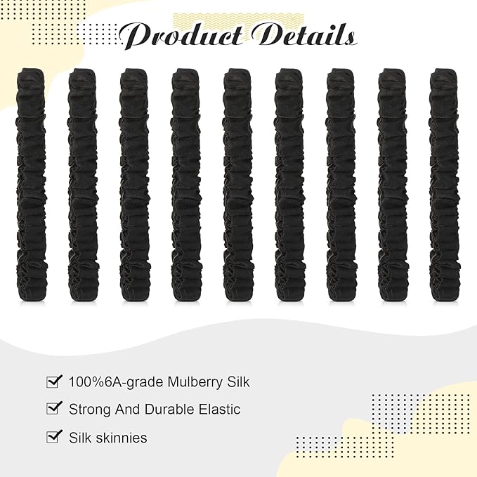 Chuangdi 9 Pieces 100% Mulberry Silk Scrunchies for Long Hair Silk Hair Ties Scrunchies for Women Girls Elastic Ponytail Holders with Gift Box(Classic Style,Black)