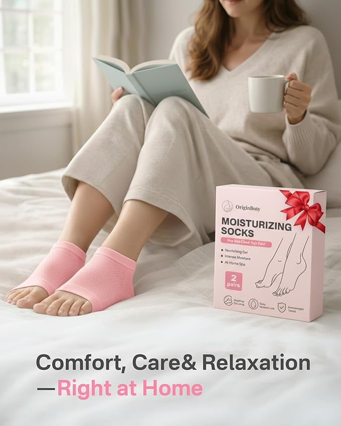 Moisturizing Socks, 100% Cotton Heel Socks for Dry Cracked Feet Women, Cracked Heel Treatment Silicone Heel Socks, Breathable Hydrating Gel Heel Protectors for Repair, Spa & Daily Use, 2 Pairs, Pink