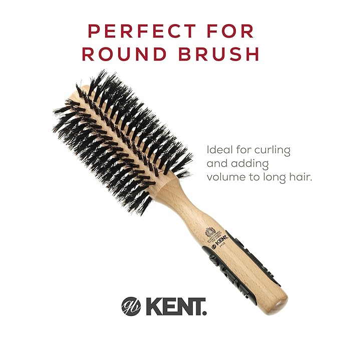 Kent PF03 Round Boar Bristle Hair Brush with Nylon Bristle Mix, Round HairBrush for Blow Drying and Blowout, for Shoulder Length or Short Hair, Rubber Antifatigue Handle