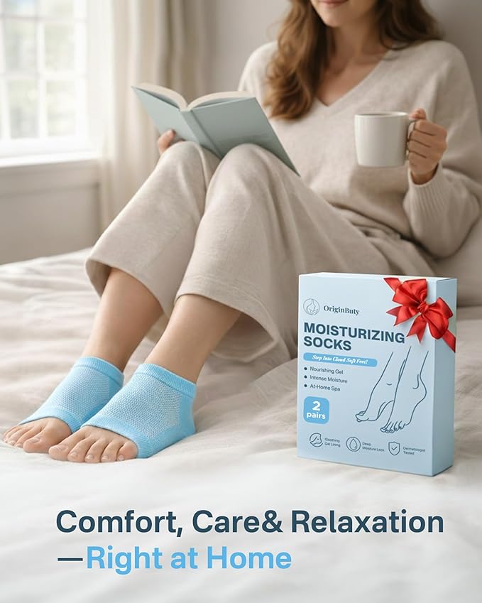 Moisturizing Socks, 100% Cotton Heel Socks for Dry Cracked Feet Women, Cracked Heel Treatment Silicone Heel Socks, Breathable Hydrating Gel Heel Protectors for Repair, Spa & Daily Use, 2 Pairs, Blue