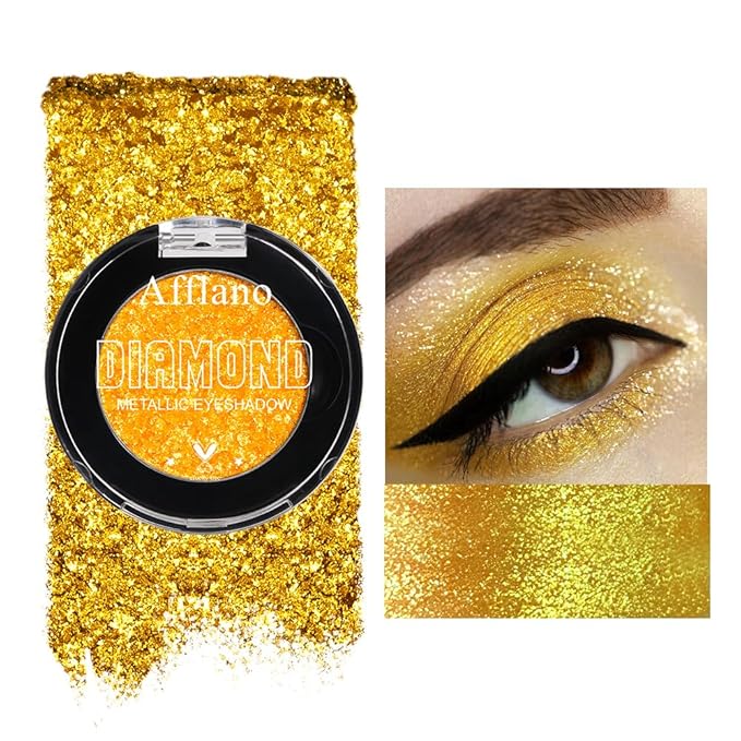 Afflano Yellow Glitter Eyeshadow Makeup, Single Diamond Gold Shimmery Eyeshadows, Super Pigmented Sunset Gold Glitter Yellow Eyeshadow One Swipe, Vibrant Metallic Eye Shadow Sparkly Eyelid Highlighter