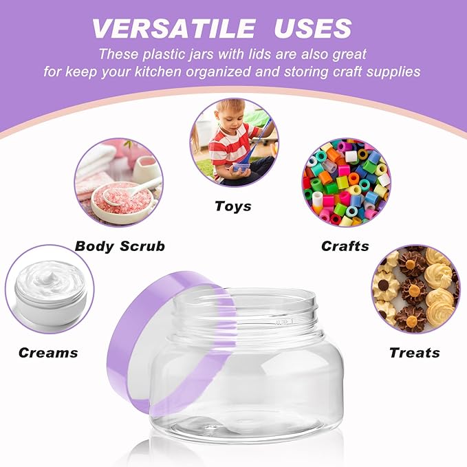 Tessco for you 24 Pack Plastic Jars with Lids Labels Multiuse Slime Containers Empty Body Scrub Jars Round Refillable Cosmetic Body Butter Container for Makeup (8 oz,Purple)