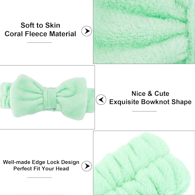 Casoty 10 Pcs Green Face Wash Headbands, Spa Gifts for Women Girls, Soft Coral Fleece Skincare Headband, Bow Hair Bands, Spa Headbands for Face Washing Shower Skin Care Yoga