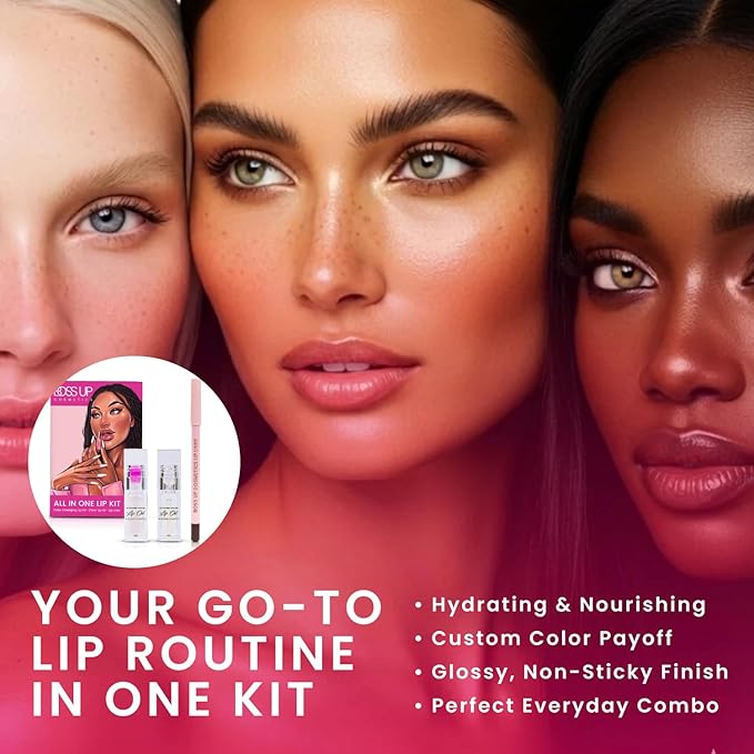 BossUp Cosmetics All-In-One Lip Kit | Dark Brown Lip Liner and Lip Oil Set with Clear and Color Changing Lip Oils | Complete Lip Makeup Kit for Women