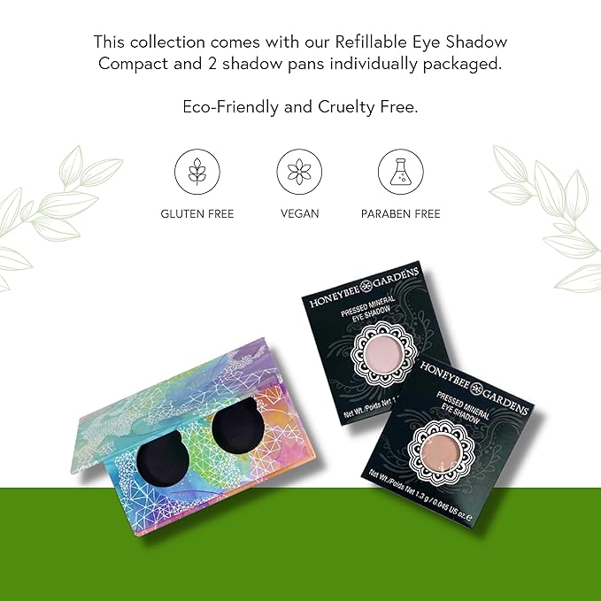Honeybee Gardens Mini Skinny Duo Eye Shadow Compact in Cameo and Porcelain, Longlasting, Refillable & Customizable, Vegan, 26mm Pans
