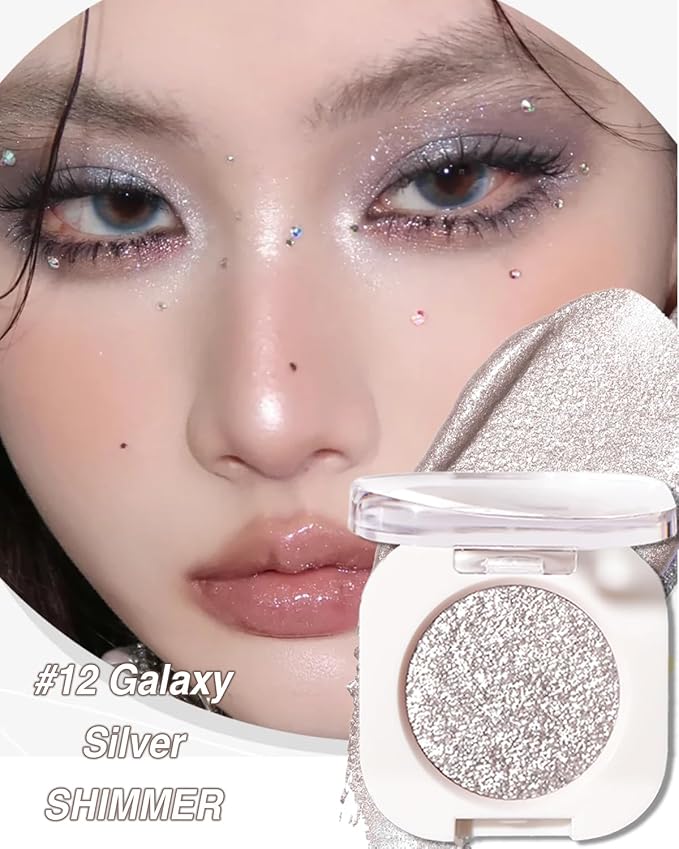 Glitter Eyeshadow Single, Ultra-Fine Sparkling Diamond Shimmer, Long-Lasting Sheer Eye Makeup, Crease-Proof & Buildable Eye Shadow Topper (12# Galaxy Sliver Shimmer)