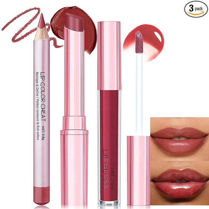 Red Rose Lip Combo Set - Matte Lipstick for Women High Pigment Plumping Lip Liner and Gloss Set Moisturizing Lightweight Liquid Lipstick Smooth Buildable High Shine Daily Lip Makeup Kit