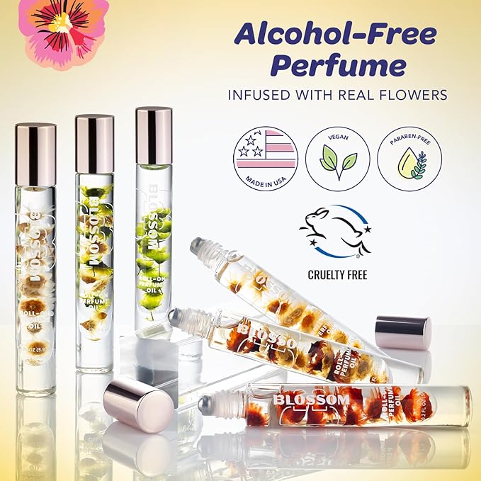 Blossom Roll on Perfume for Women Alcohol Free Gourmand Rollerball Perfume Oil with Essential Oils, Infused with Real Flowers, Made in USA, 0.20oz, (Vanilla, Caramel, Nutmeg) Almond Biscotti