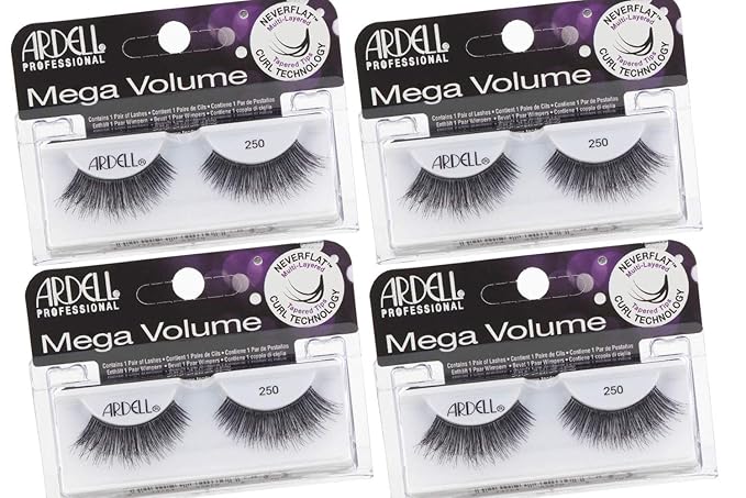 Ardell Mega Volume Lashes False Eyelashes 250 - Human Hair, Dramatic Full Strip Fluffy Wispy for a Glamorous Look, Black, 4 Pairs