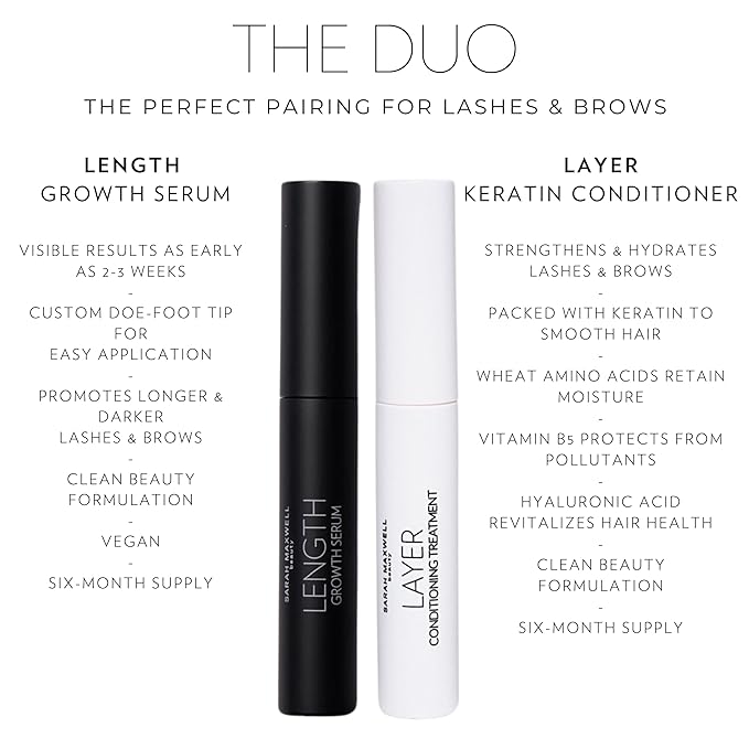 Sarah Maxwell Beauty DUO: Lash Growth & Brow Enhancer with Natural Extracts - LENGTH Serum for Longer, Thicker Appearance & LAYER Keratin Treatment for Strengthening and Conditioning