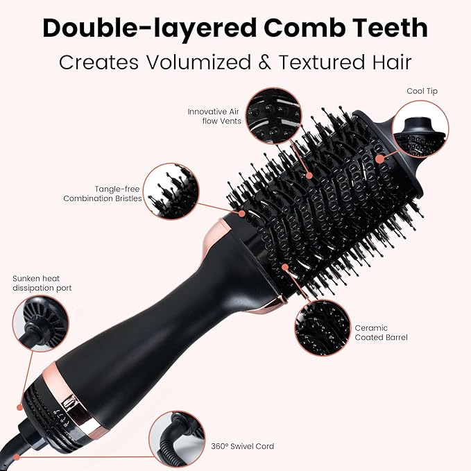 4-in-1 Hair Dryer Brush, Ionic Ceramic Titanium Hot Air Styler with ALCI Safety Plug, 3 Heat Settings for Frizz-Free Blowouts, Salon Volumizer and Straightener (Rose Gold)