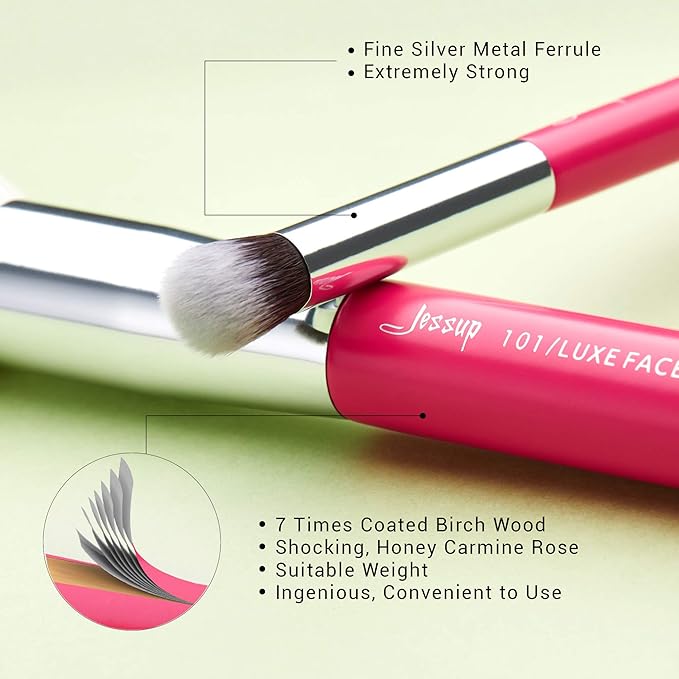 Jessup Brand 25pcs Professional Makeup Brush Set Beauty Cosmetic Foundation Powder Blusher Eye Shadow Blending Concealer Highlight Natural-Synthetic Hair Brushes Set (Rose Carmine/Silver)