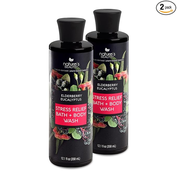 Nature's Beauty Elderberry Eucalyptus Stress Relief Body Wash Multi-Pack - Gentle Bath + Body Cleanser, Restore Skin Made w/Shea Butter, Avocado Oil, and Sweet Almond Oil, 12 fl oz (2 Pack)