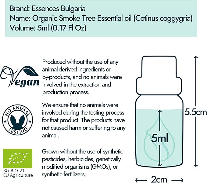 Essences Bulgaria Organic Smoke Tree Essential Oil 1/6 Fl Oz | 5ml | Cotinus coggygria | 100% Pure and Natural | Undiluted | Therapeutic Grade | Family Owned Farm | Steam-Distilled | Non-GMO | Vegan