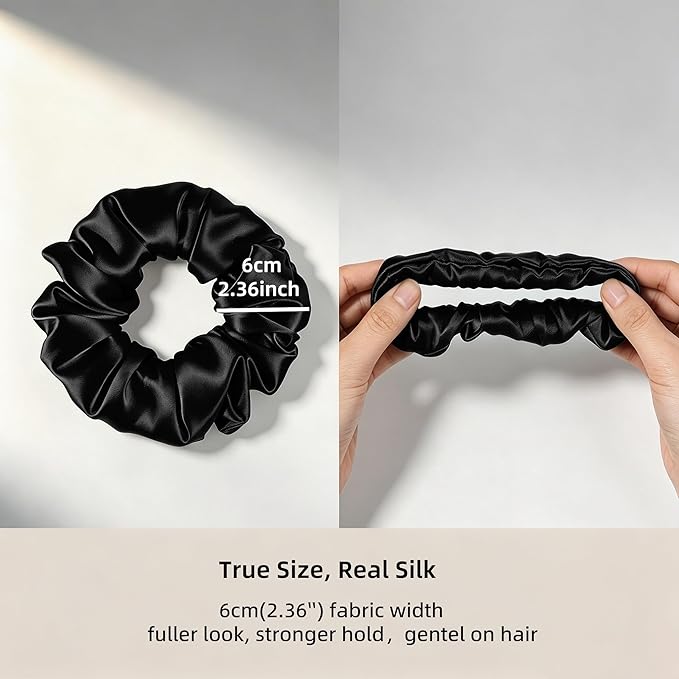 ZLYC 100% Mulberry Silk Hair Tie Scrunchie 19 Momme Gentle Creaseless Dent-Free Ponytail Holder for Women, 6cm Solid Black