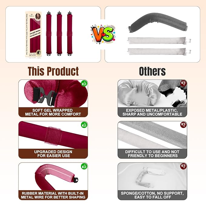 Overnight Heatless Hair Curler, Upgraded with Hair Pad Grippers Satin Jumbo Flexi Blowout Curls Rods, 3pcs No-Heat Styling Tools Curling Rod to Sleep in for All Hair Types - Wine Red
