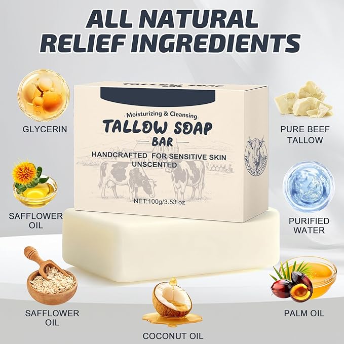 Beef Tallow Soap Bar, All Natural and Organic Grass Fed Tallow Soap, Moisturizing Face & Body Wash for Dry, Itchy, Sensitive Skin, Deep Cleansing Handmade Bath Soap for Adults, Kids - 1 Pack
