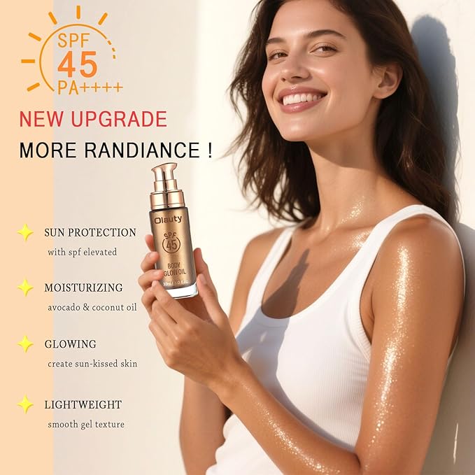 Shimmer Oil, SPF 45 Sunscreen Body Makeup Waterproof No Transfer Body Luminizer Lotion Glow for Women, Liquid Illuminator Bronzer, Long-lasting, Radiance Skin (02#Diamond Platinum)