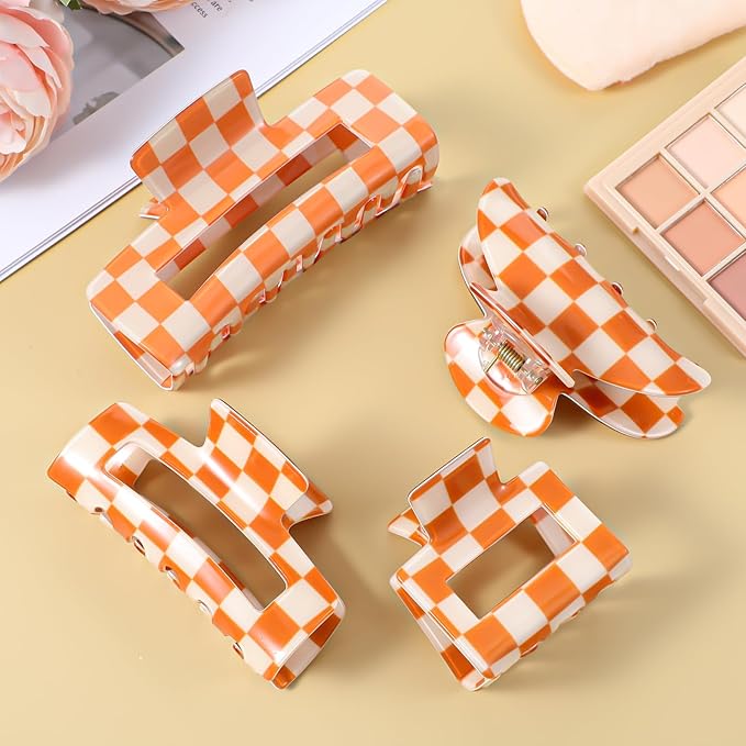 4Pcs Checkered Hair Claw Clips, Non-Slip Hair Jaw Clips for Thick, Thin, Curly, Straight, Long Hair, Simple Style Orange and White Square Claw Clips, Women's Hair Accessories
