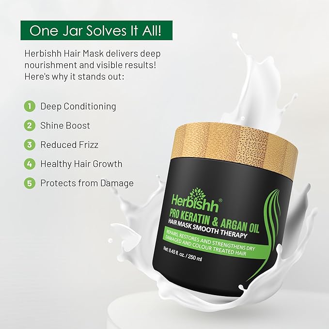 Herbishh Argan Hair Mask-Deep Conditioning & Hydration For Healthier Looking Hair for very Dry, Weak, Stressed Out Hair, No Silicones, No Sulphates, No Parabens (8.45 fl oz)