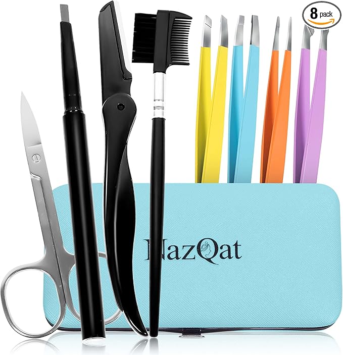 Exquisite 8-in-1 Eyebrow Kit for Women & Men – Luxury Eyebrow Grooming Kit with 4 Precision Tweezers For Eyebrows, Eyebrow Razor, Eyebrow Scissors, Eyebrow Brush/Comb & Pencil with Padded Case