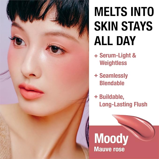 DEAR DAHLIA Petal Drop Liquid Blush (Moody) - Natural Dewy Glow Serum Blush, Buildable & Blendable, Sheer Watercolor Finish, Vegan Korean Makeup for Cheeks, 0.14 oz