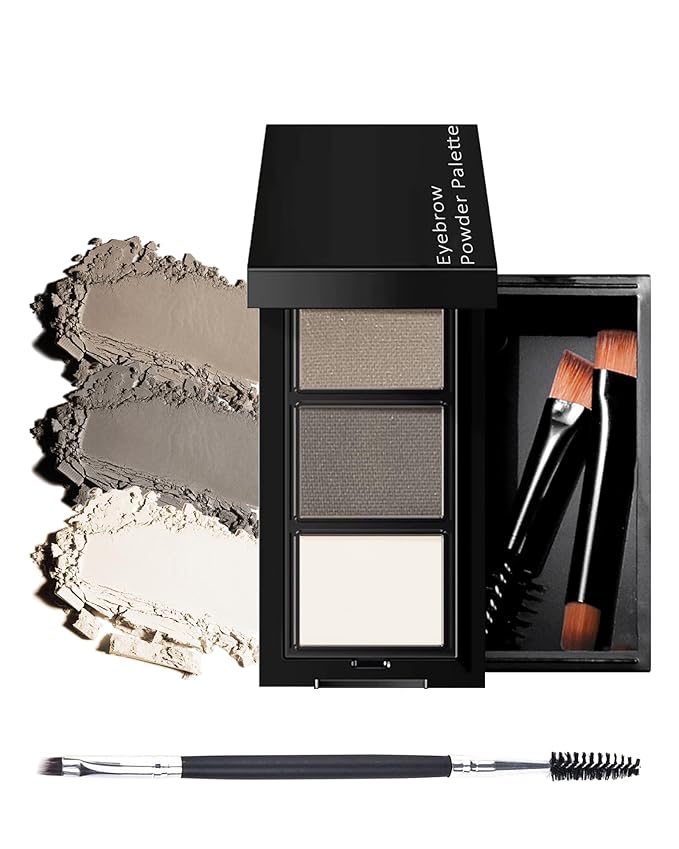 3 Color Eyebrow Powder Palette Kit, Black Gray Brown & Beige Eye Brow Powder for Women, Long-Lasting Waterproof Tinted Brow Filler, With Mirror & Eyebrows Brush Makeup Set, Defined Natural Brows-B03