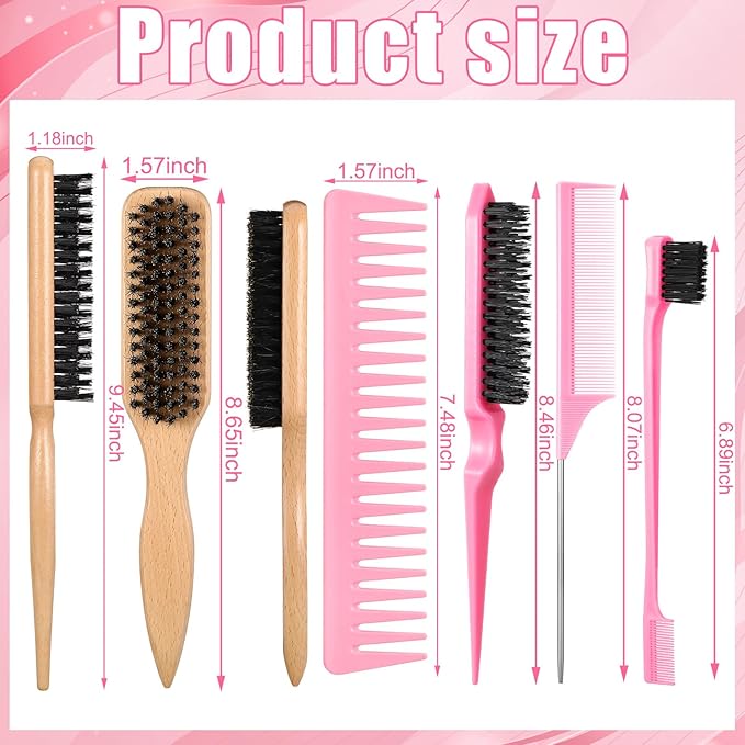 6 Pcs Boar Bristle Slick Back Hair Brush with Pink Edge Brush, Rat Tail Comb and Wide Tooth Comb for Women Men