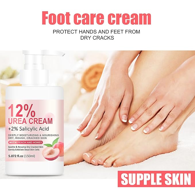 Grospe 12% Urea Hydrating and Anti-Cracking Foot Moisturizer Cream, Peach Hand and Foot Cream with Honey Hydrates and Repairs Dry Cracked Heels and Feet Women or Men 5.07oz