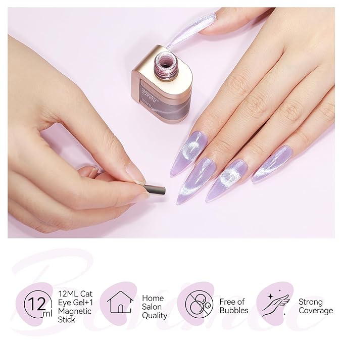 Cat Eye Gel Nail Polish 12ML, Lavender Purple Smoothie Magnetic Gel Polish Holographic Shimmer Glitter Cats Eye Nail Polish with Magnet Stick Soak Off UV Nail Art Valentine's Day