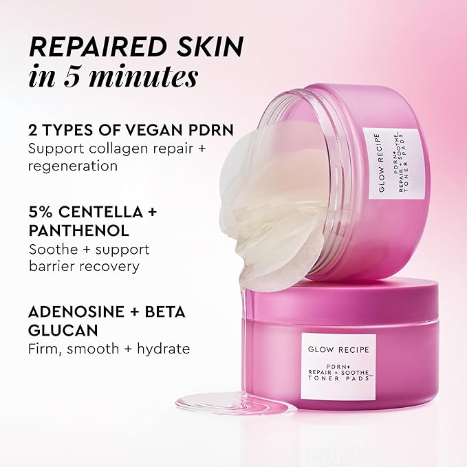 Glow Recipe PDRN+ Repair + Soothe Toner Pads - Fragrance-Free Face Toner Pads for Sensitive Skin - Barrier Repair, Redness Reducing + Calming Hydration with Centella - Korean Skin Care (60 Face Pads)